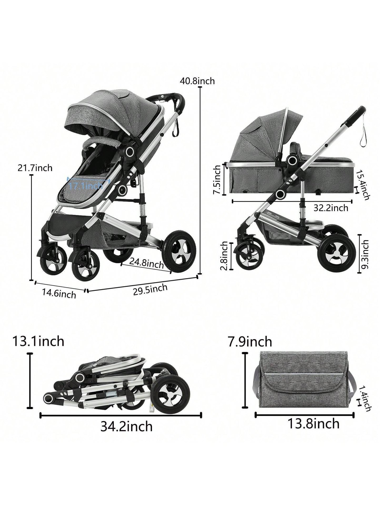 Kinder King 2 in 1 Convertible Baby Stroller, Folding High Landscape Infant Carriage, Newborn Reversible Pram, Adjustable Canopy, Diaper Bag