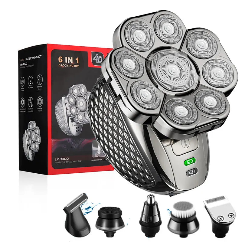 4D Head Shavers for Bald Men, Upgraded 9 Floating Heads 6-In-1 Rechargeable Waterproof Wet Dry Bald Head Shavers for Men