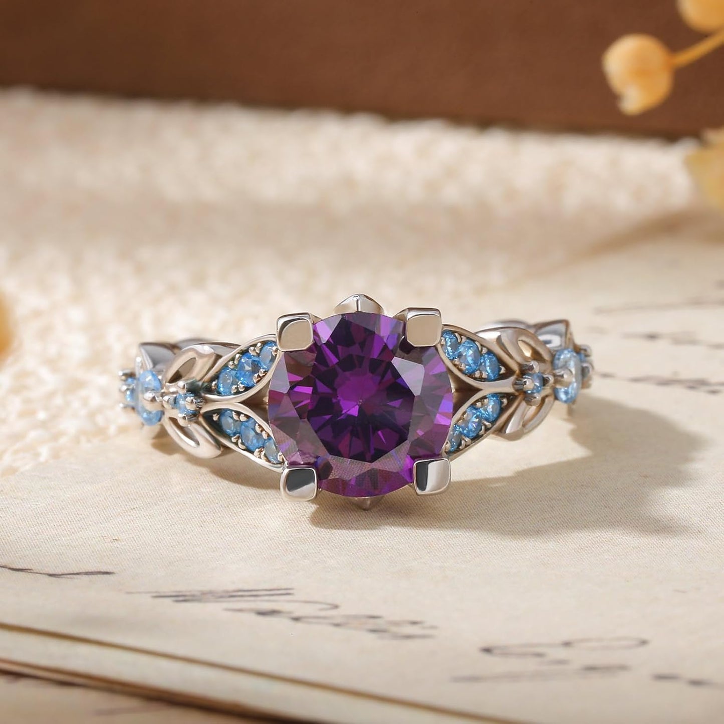 4.3 Carat Personalized Sterling Silver Butterfly Rings for Women Purple Amethyst Bridal round Cut Wedding Engagement Eternity Valentine'S Promise Ring Set