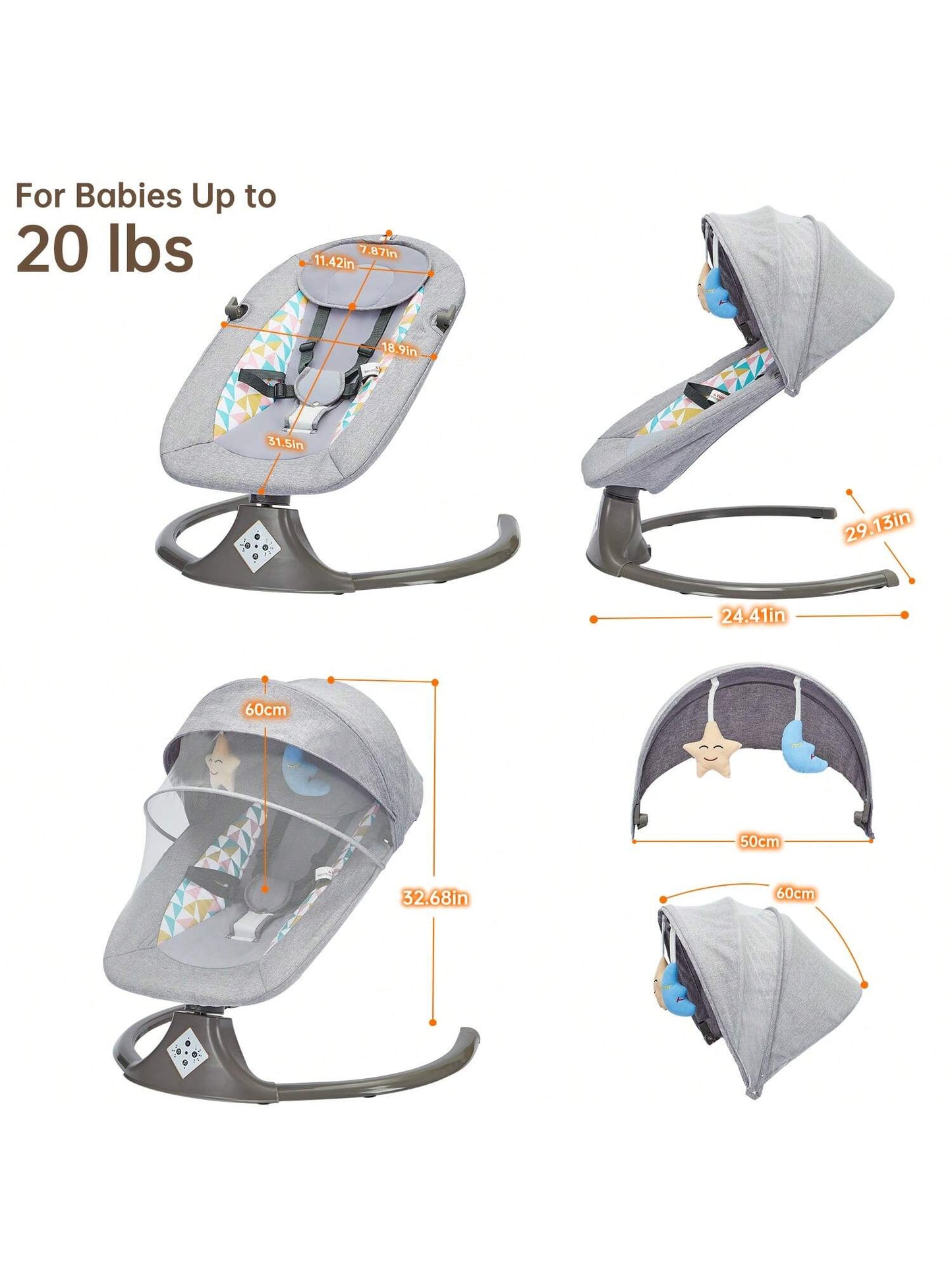 Portable Baby Swings Designed for Infants, Featuring a 5-Point Harness and a Lightweight Structure. They Are Easy to Fold and Suitable for Newborns and Infants Aged 0-12 Months, Supporting a Weight of up to 20 Lbs, and Can Be Used Both Indoors and Ou