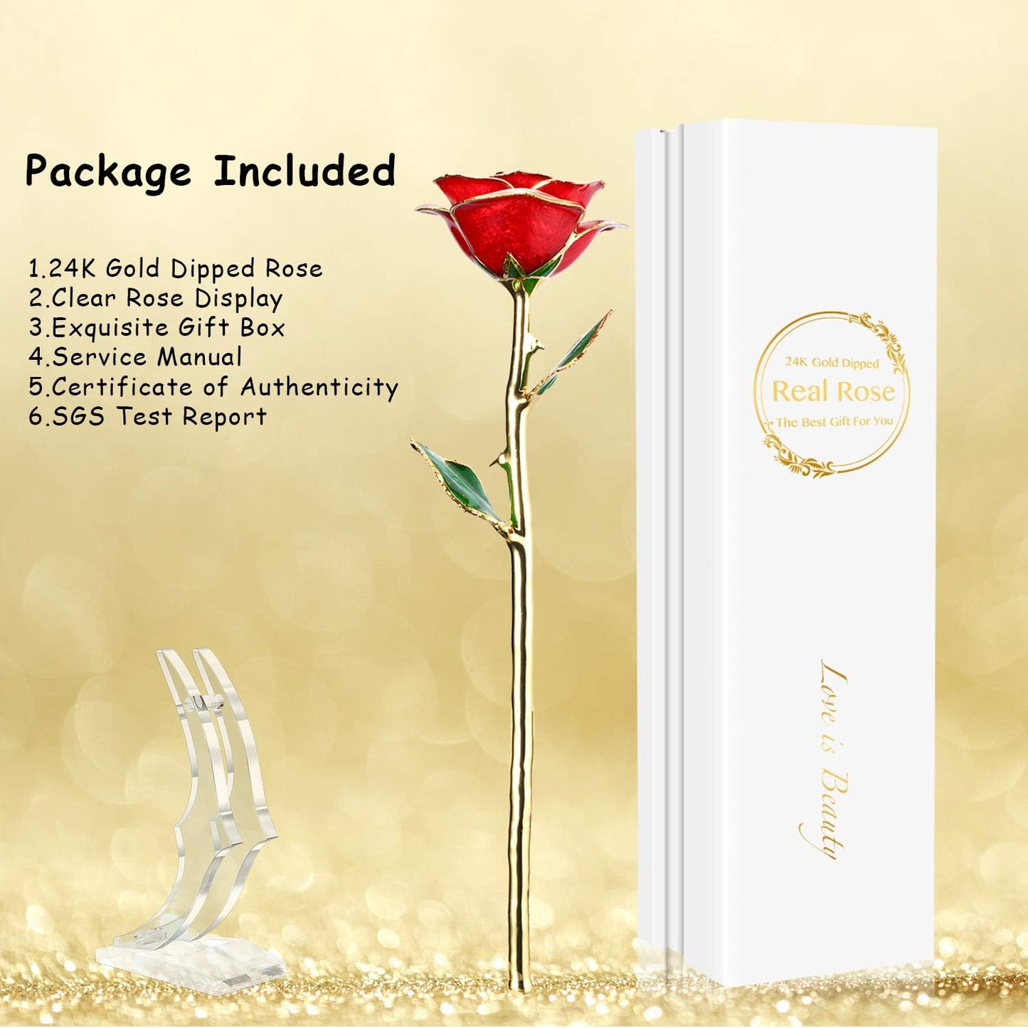 Valentines Day Gift Rose,24K Gold Real Rose Gift for Her and Great Valentines Gift for Her Rose, Red Rose with Stand