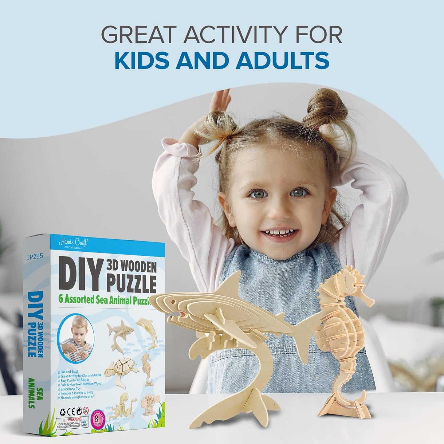 DIY 3D Wooden Puzzle – 6 Assorted Sea Animals Bundle Pack Set Brain Teaser Puzzles Educational STEM Toy Adults and Kids to Build Safe and Non-Toxic Easy Punch Out Premium Wood JP2B5