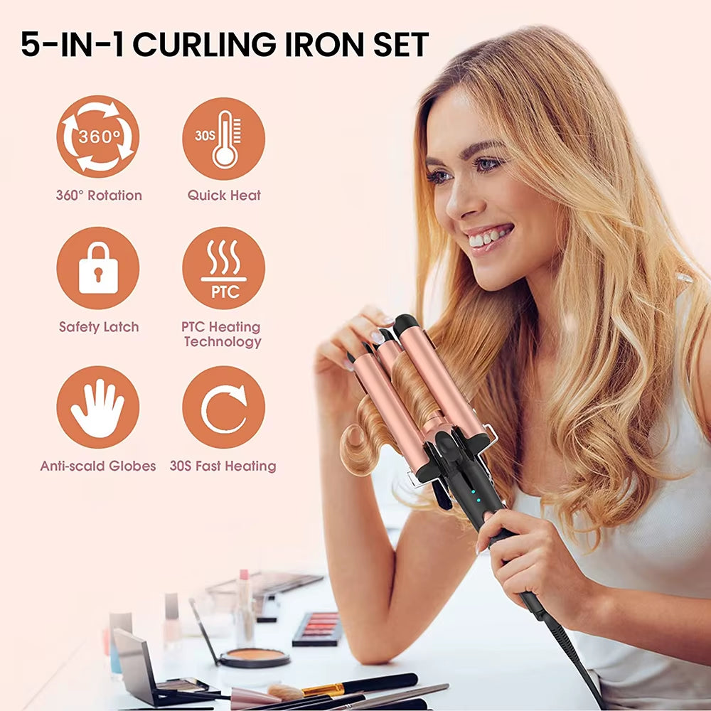 5-In-1 Hair Waver Curling Iron,3 Barrel Hair Crimper with Fast Heating Up