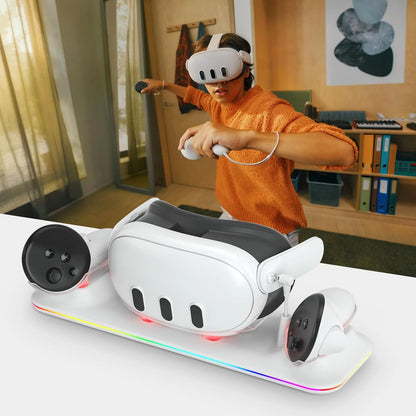 VR Charging Dock for Meta Quest 3, Fast Charging Station with Colorful RGB Light for Oculus Quest 3, Magnetic Charging Stand for VR Headset and Touch Controllers with 2 Rechargeable Batteries, White