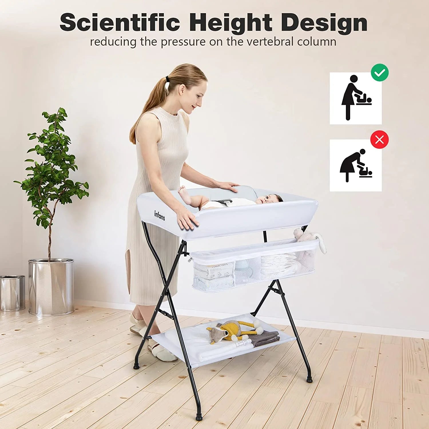 Baby Changing Table, Folding Diaper Station Portable Nursery Organizer with Safety Belt and Large Storage Racks for Newborn Baby and Infant (White)