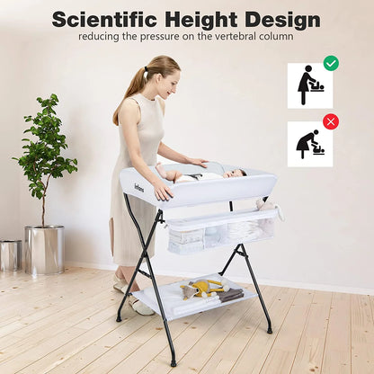 Baby Changing Table, Folding Diaper Station Portable Nursery Organizer with Safety Belt and Large Storage Racks for Newborn Baby and Infant (White)