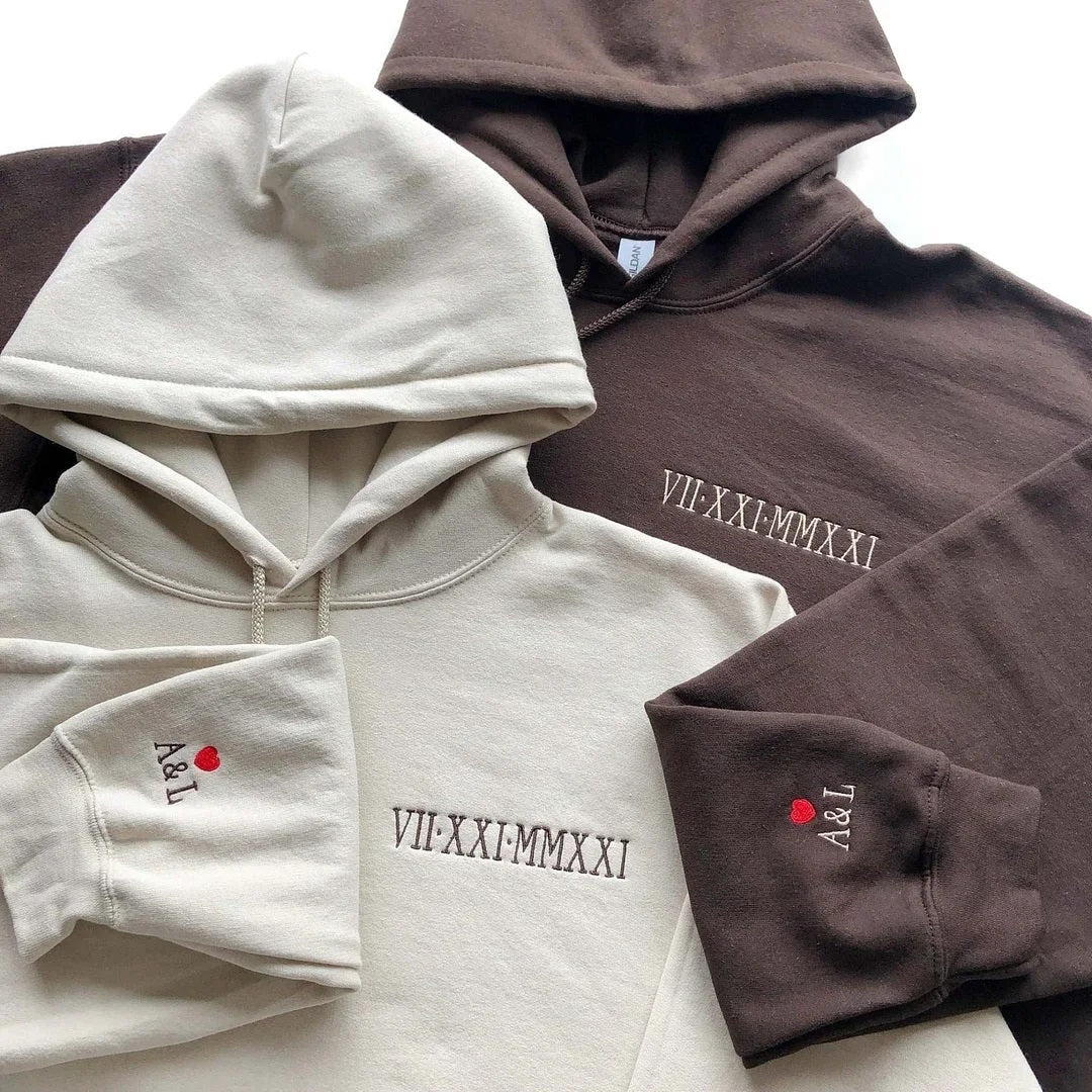 Custom Embroidered Roman Numeral Date Sweatshirt Initial on Sleeve | Valentines Couples Gift 1St Anniversary Gift