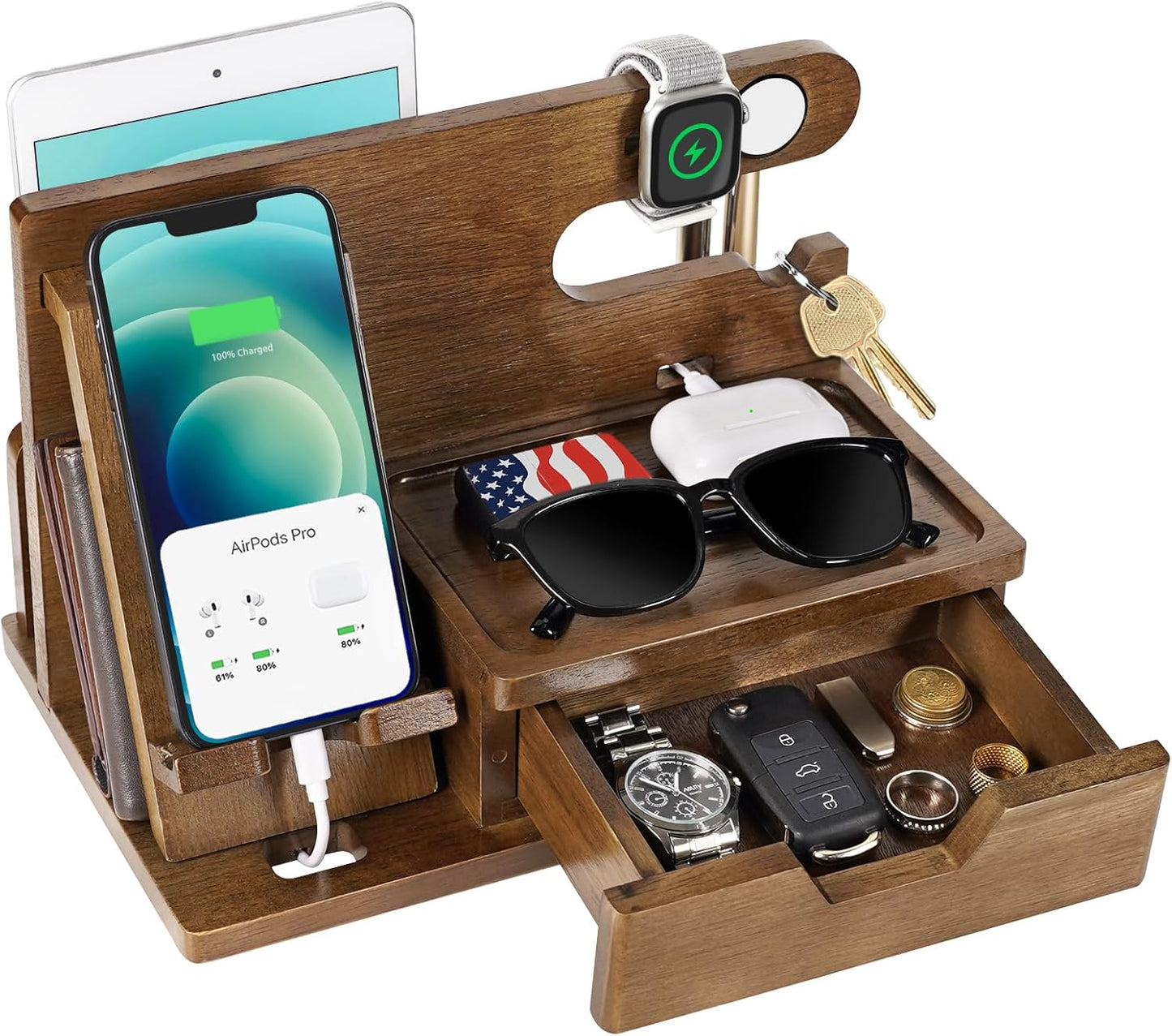 Gifts for Men Him Husband Dad, Wood Phone Docking Station with Drawer, Christmas Xmas Birthday Anniversary Men Him Husband Boyfriend Gifts from Girlfriend, Mens Nightstand Organizer Presents Ideas