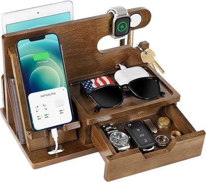 Gifts for Men Him Husband Dad, Wood Phone Docking Station with Drawer, Christmas Xmas Birthday Anniversary Men Him Husband Boyfriend Gifts from Girlfriend, Mens Nightstand Organizer Presents Ideas