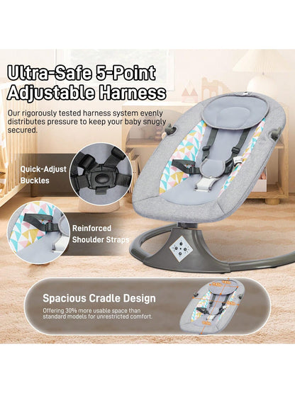 Portable Baby Swings Designed for Infants, Featuring a 5-Point Harness and a Lightweight Structure. They Are Easy to Fold and Suitable for Newborns and Infants Aged 0-12 Months, Supporting a Weight of up to 20 Lbs, and Can Be Used Both Indoors and Ou