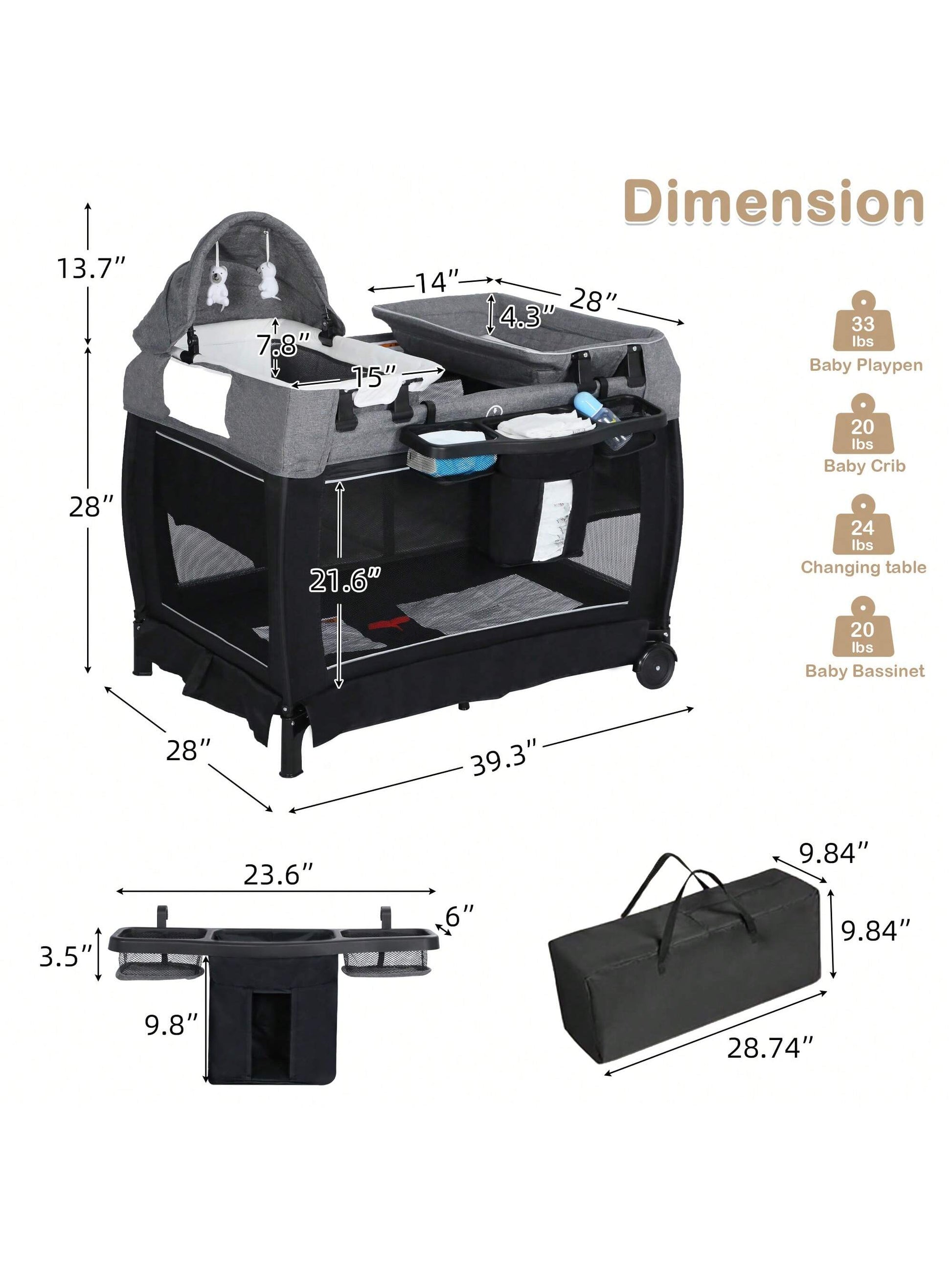 Kinder King 4 in 1 Foldable Pack and Play with Bassinet & Changing Table, Portable Playard for Babies and Toddlers, Convertible Newborn Crib Baby Bed with Canopy, Storage Bag, Black