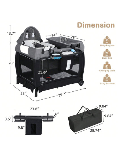 Kinder King 4 in 1 Foldable Pack and Play with Bassinet & Changing Table, Portable Playard for Babies and Toddlers, Convertible Newborn Crib Baby Bed with Canopy, Storage Bag, Black