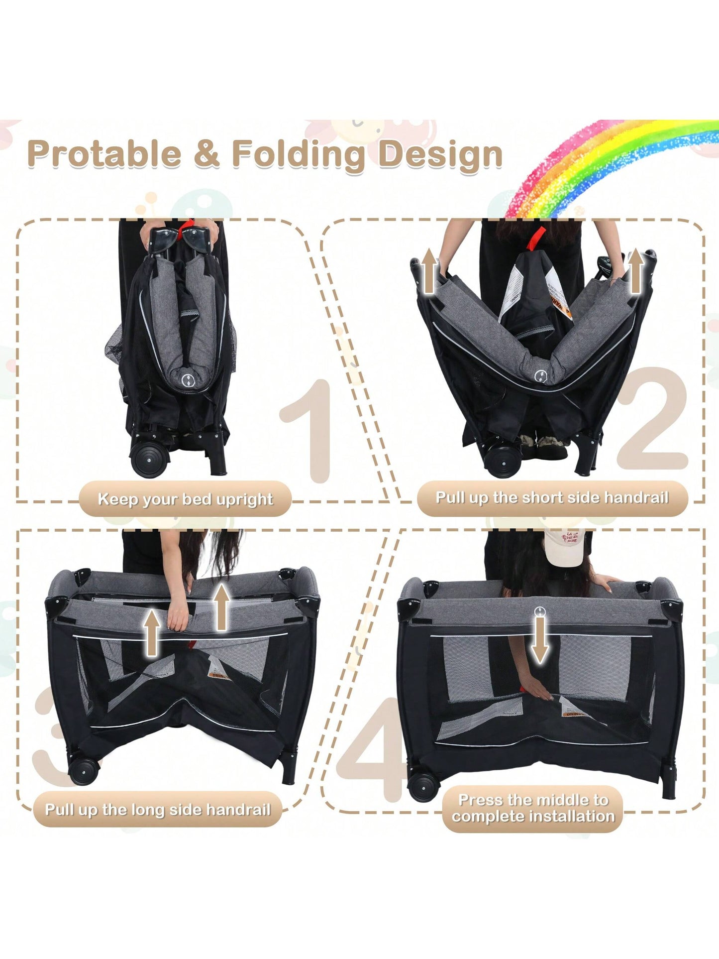 Kinder King 4 in 1 Foldable Pack and Play with Bassinet & Changing Table, Portable Playard for Babies and Toddlers, Convertible Newborn Crib Baby Bed with Canopy, Storage Bag, Black