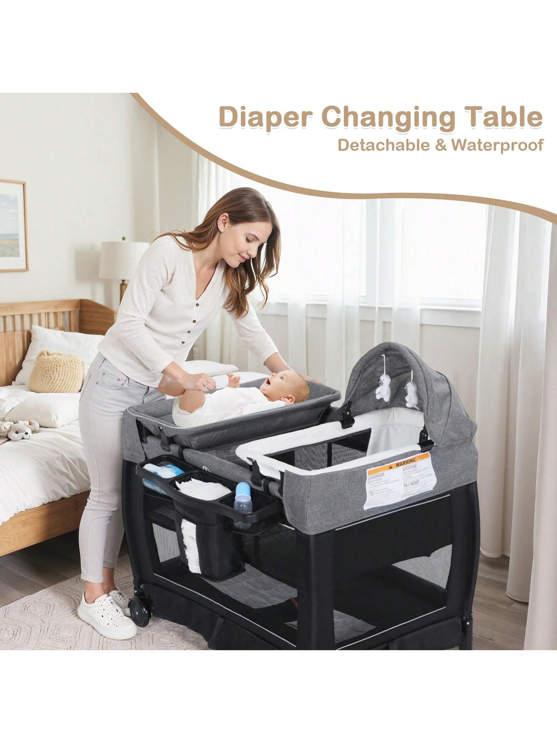 Kinder King 4 in 1 Foldable Pack and Play with Bassinet & Changing Table, Portable Playard for Babies and Toddlers, Convertible Newborn Crib Baby Bed with Canopy, Storage Bag, Black