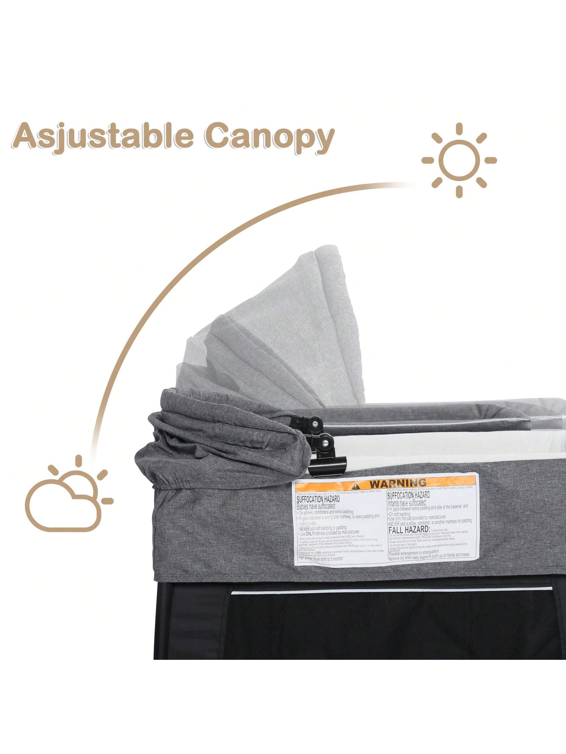 Kinder King 4 in 1 Foldable Pack and Play with Bassinet & Changing Table, Portable Playard for Babies and Toddlers, Convertible Newborn Crib Baby Bed with Canopy, Storage Bag, Black