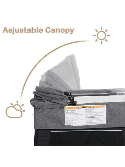 Kinder King 4 in 1 Foldable Pack and Play with Bassinet & Changing Table, Portable Playard for Babies and Toddlers, Convertible Newborn Crib Baby Bed with Canopy, Storage Bag, Black