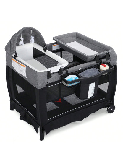 Kinder King 4 in 1 Foldable Pack and Play with Bassinet & Changing Table, Portable Playard for Babies and Toddlers, Convertible Newborn Crib Baby Bed with Canopy, Storage Bag, Black