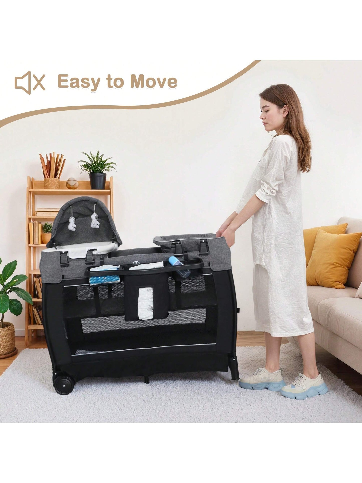 Kinder King 4 in 1 Foldable Pack and Play with Bassinet & Changing Table, Portable Playard for Babies and Toddlers, Convertible Newborn Crib Baby Bed with Canopy, Storage Bag, Black