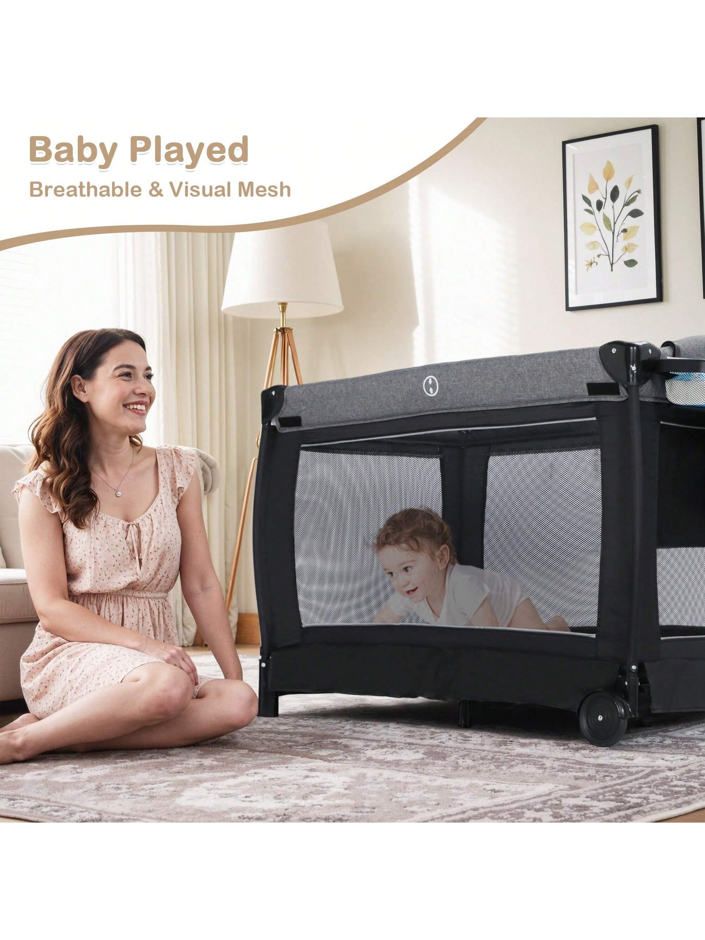 Kinder King 4 in 1 Foldable Pack and Play with Bassinet & Changing Table, Portable Playard for Babies and Toddlers, Convertible Newborn Crib Baby Bed with Canopy, Storage Bag, Black