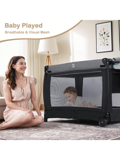 Kinder King 4 in 1 Foldable Pack and Play with Bassinet & Changing Table, Portable Playard for Babies and Toddlers, Convertible Newborn Crib Baby Bed with Canopy, Storage Bag, Black