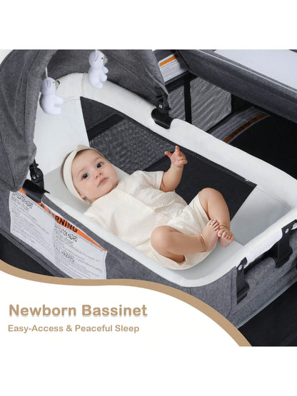 Kinder King 4 in 1 Foldable Pack and Play with Bassinet & Changing Table, Portable Playard for Babies and Toddlers, Convertible Newborn Crib Baby Bed with Canopy, Storage Bag, Black