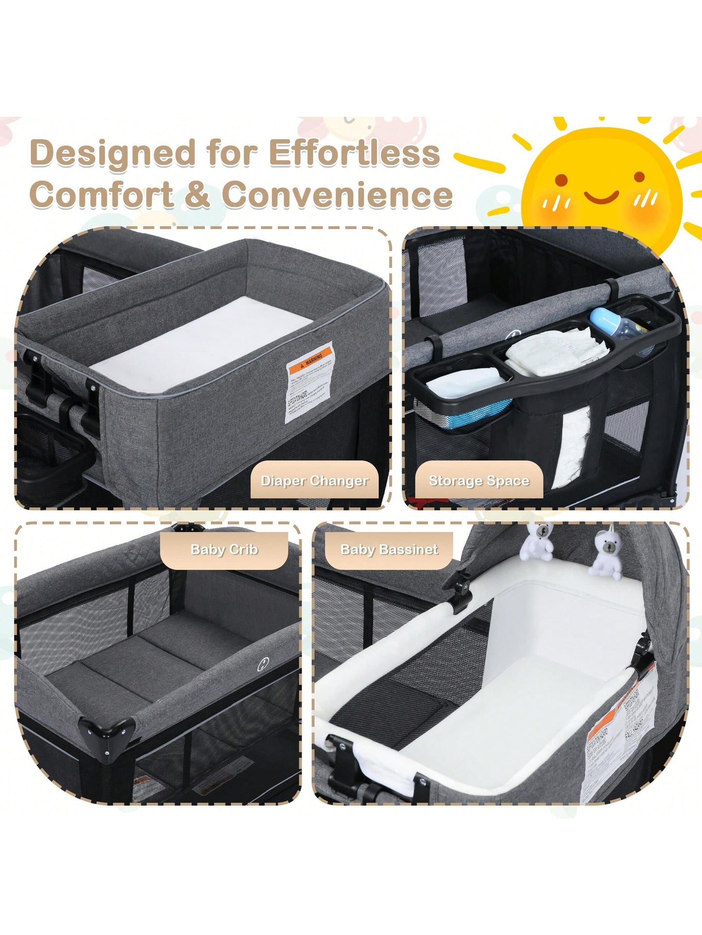 Kinder King 4 in 1 Foldable Pack and Play with Bassinet & Changing Table, Portable Playard for Babies and Toddlers, Convertible Newborn Crib Baby Bed with Canopy, Storage Bag, Black