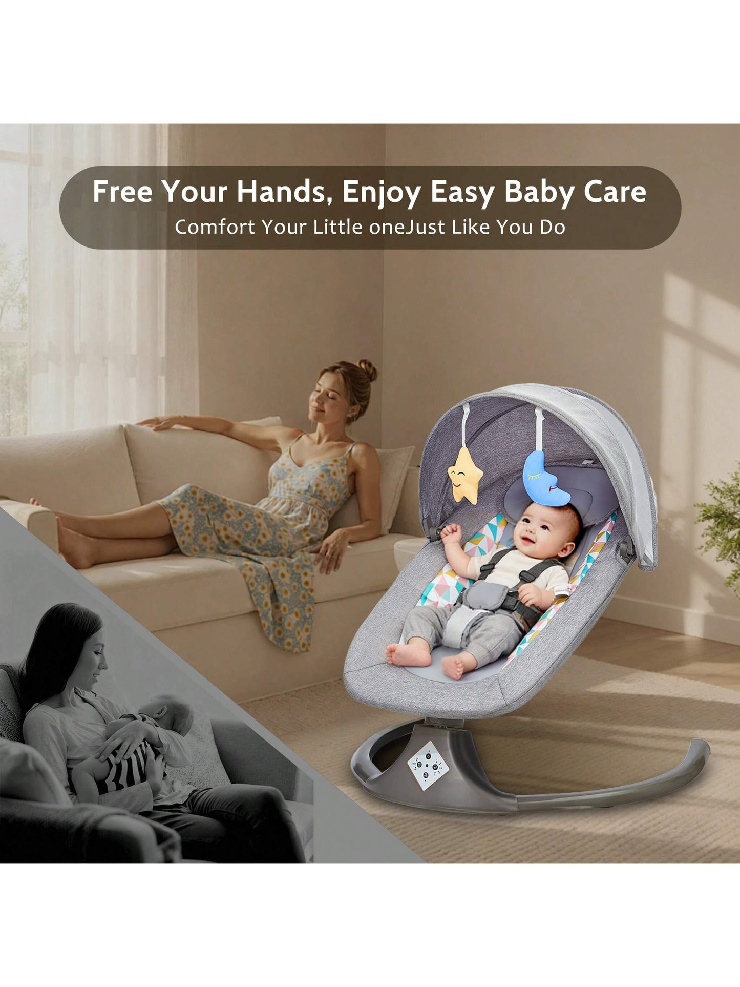 Portable Baby Swings Designed for Infants, Featuring a 5-Point Harness and a Lightweight Structure. They Are Easy to Fold and Suitable for Newborns and Infants Aged 0-12 Months, Supporting a Weight of up to 20 Lbs, and Can Be Used Both Indoors and Ou