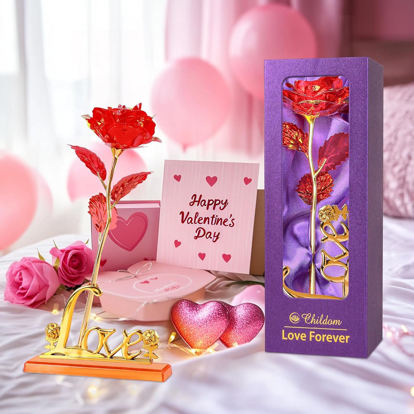 Valentines Day Rose Gifts for Her,Birthday Gifts for Women,Mothers Day Flowers Gifts for Mom,Red Artificial Flower Present with Love Stand for Wife,Grandma,Daughter,Birthday,Anniversary