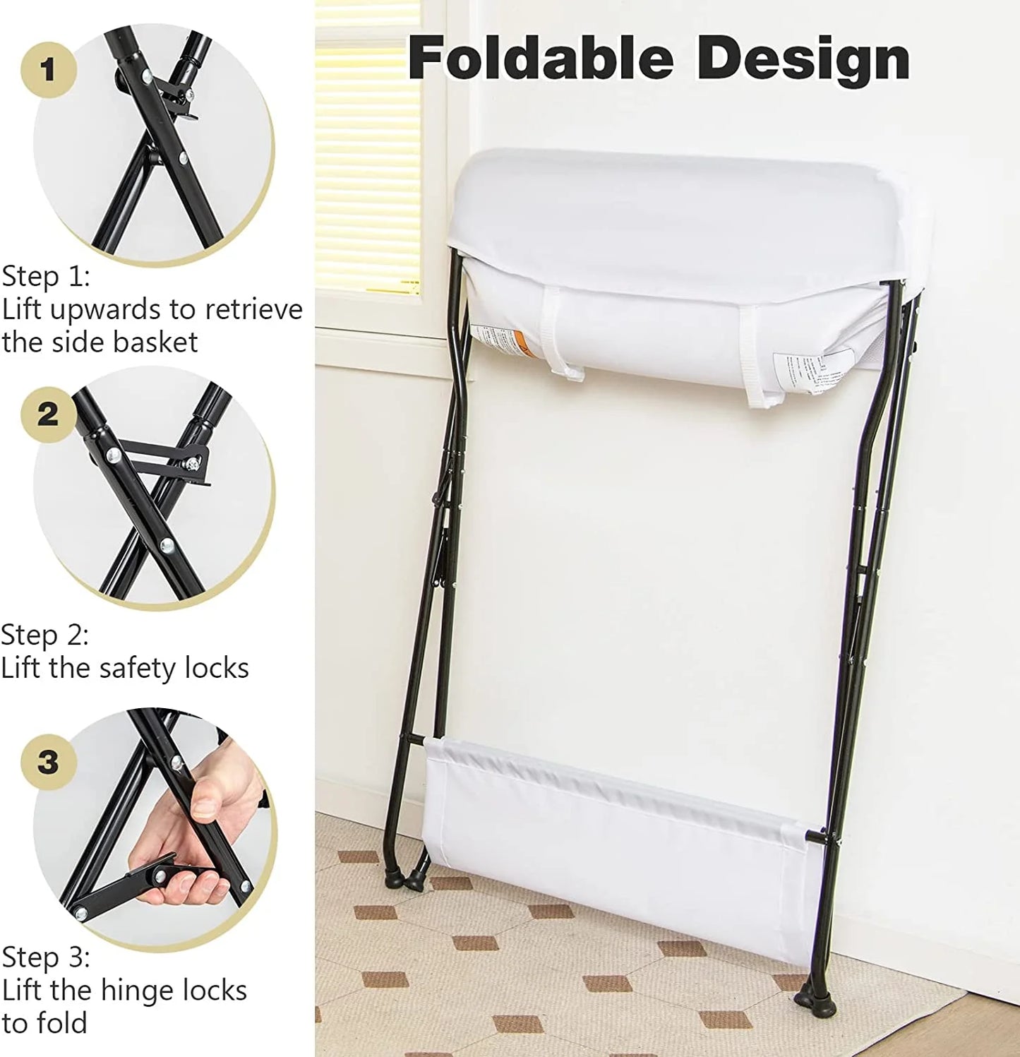 Baby Changing Table, Folding Diaper Station Portable Nursery Organizer with Safety Belt and Large Storage Racks for Newborn Baby and Infant (White)