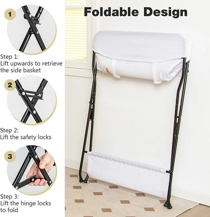 Baby Changing Table, Folding Diaper Station Portable Nursery Organizer with Safety Belt and Large Storage Racks for Newborn Baby and Infant (White)