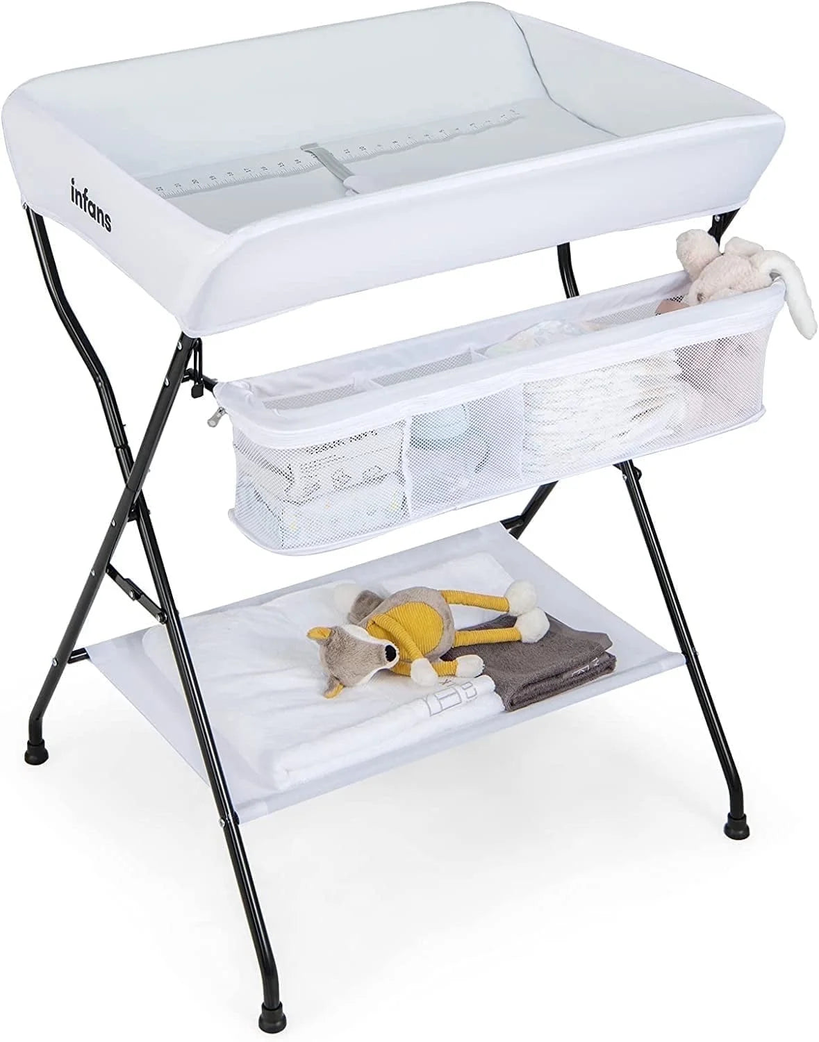 Baby Changing Table, Folding Diaper Station Portable Nursery Organizer with Safety Belt and Large Storage Racks for Newborn Baby and Infant (White)