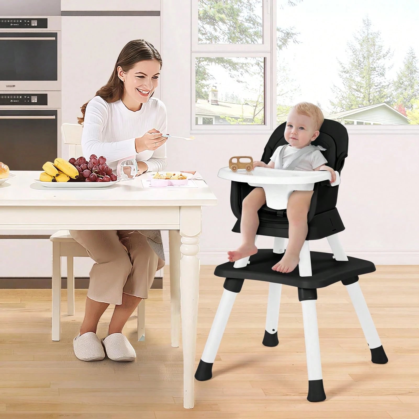 Kinder King 8 in 1 Baby High Chair, Coverts to Dining Booster Seat/Kids Table & Chair Set/Toddler Building Block Table/Kids Stool, Removable Tray & Double Seat Cover, Easy to Wipe, Christmas Gift, Black