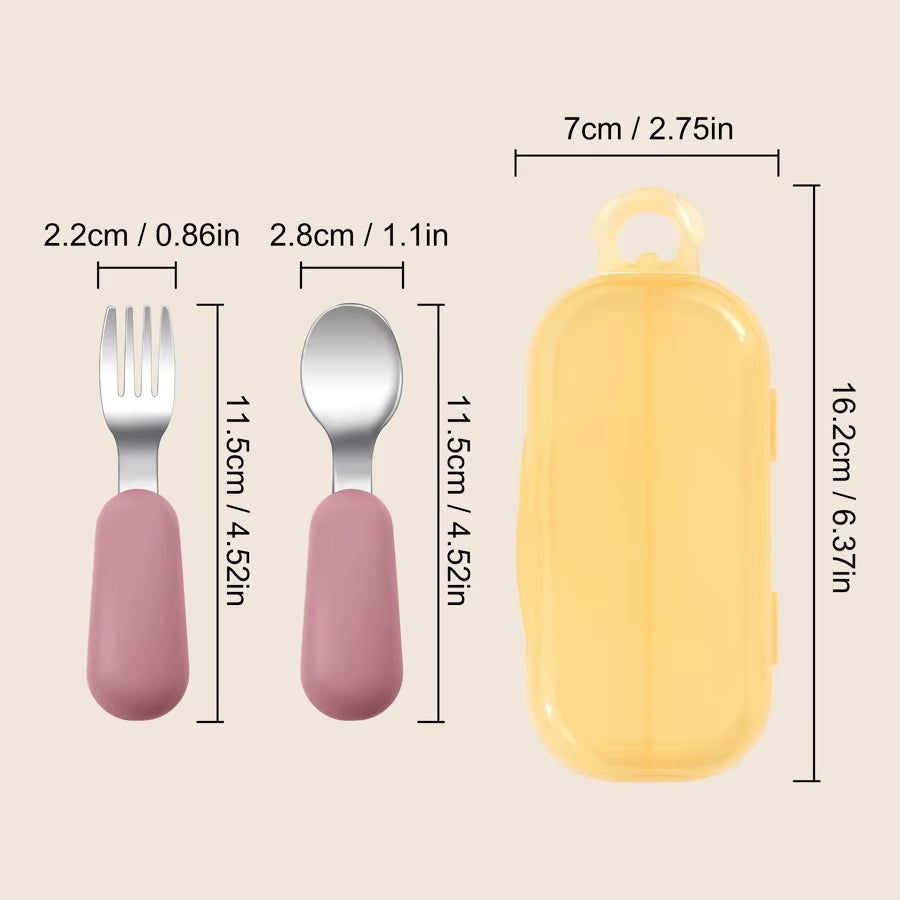2PCS Baby Silicone Stainless Steel Fork Spoon Portable Baby Tableware Feeding Training Baby Utensils Solid Color Baby Stuff