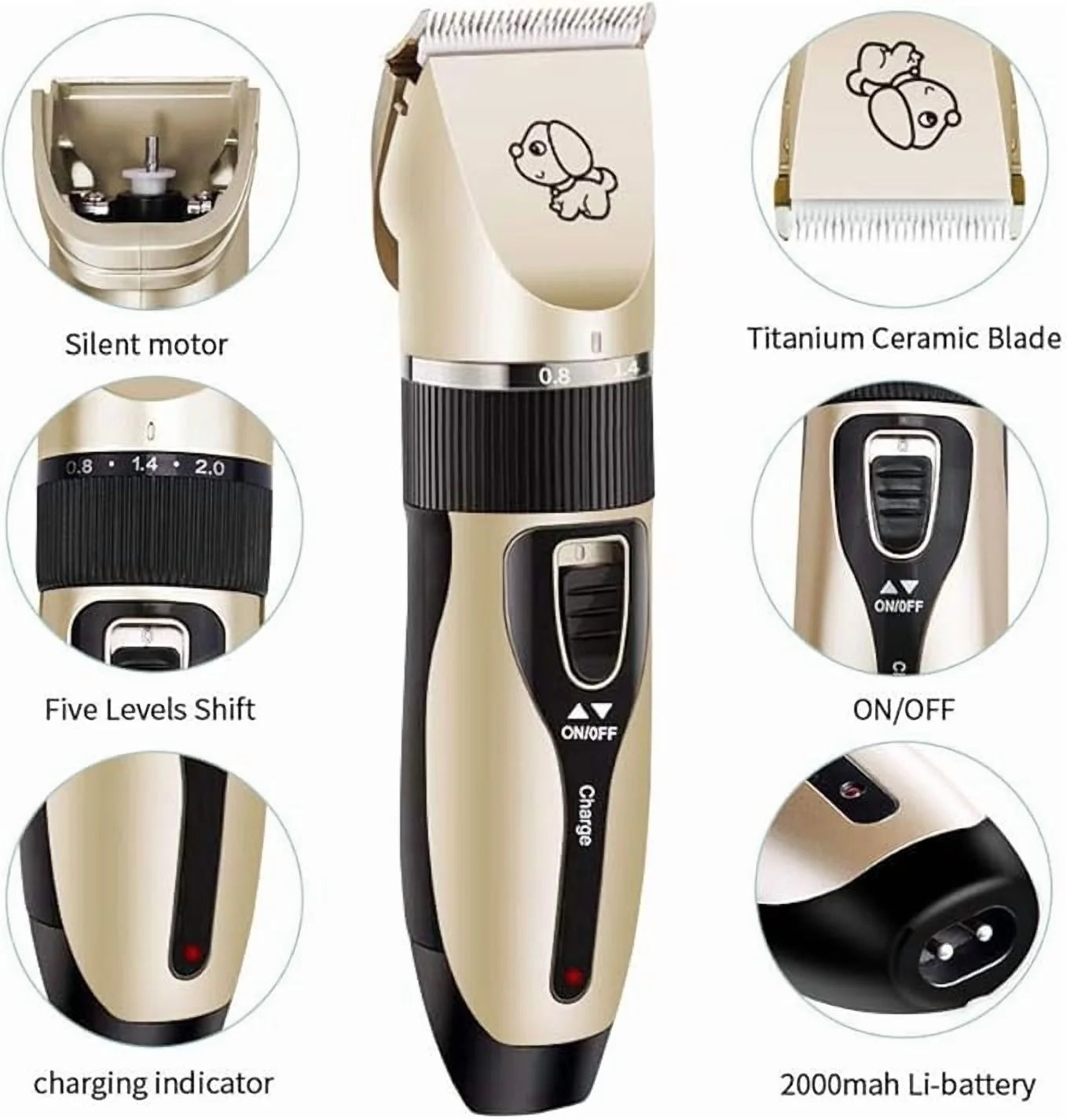Pet Hair Clipper Dog Hair Clippers, Dog Grooming Kit, Cordless Quiet Pets Clippers Hair Trimmer, Dog Shaver Clipper with 4 Comb Guides, 5 Size Fine Tuning Knob for Thick Coats Cats