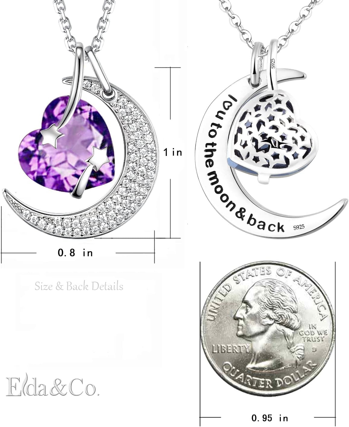 I Love You to the Moon and Back Half Moon Necklace Christmas Jewelry Birthday Gifts Mom Wife December January February Birthstones Blue Topaz Garnet Amethyst and More Stones 925 Sterling Silver