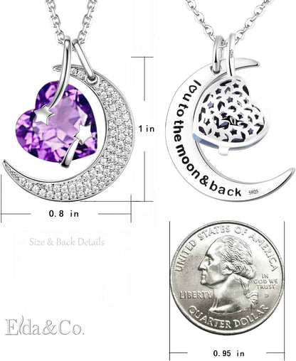 I Love You to the Moon and Back Half Moon Necklace Christmas Jewelry Birthday Gifts Mom Wife December January February Birthstones Blue Topaz Garnet Amethyst and More Stones 925 Sterling Silver