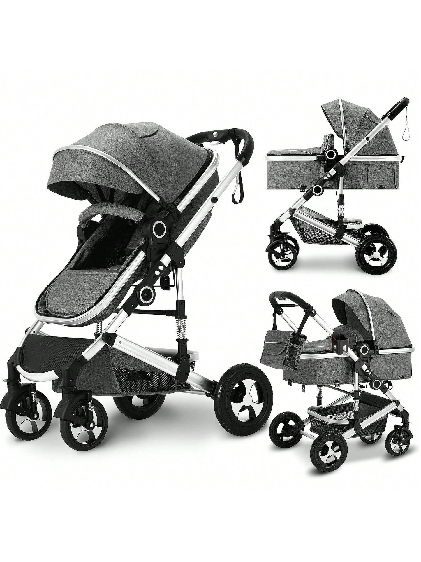 Kinder King 2 in 1 Convertible Baby Stroller, Folding High Landscape Infant Carriage, Newborn Reversible Pram, Adjustable Canopy, Diaper Bag