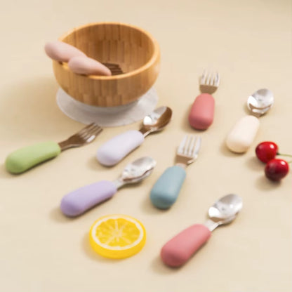 2PCS Baby Silicone Stainless Steel Fork Spoon Portable Baby Tableware Feeding Training Baby Utensils Solid Color Baby Stuff