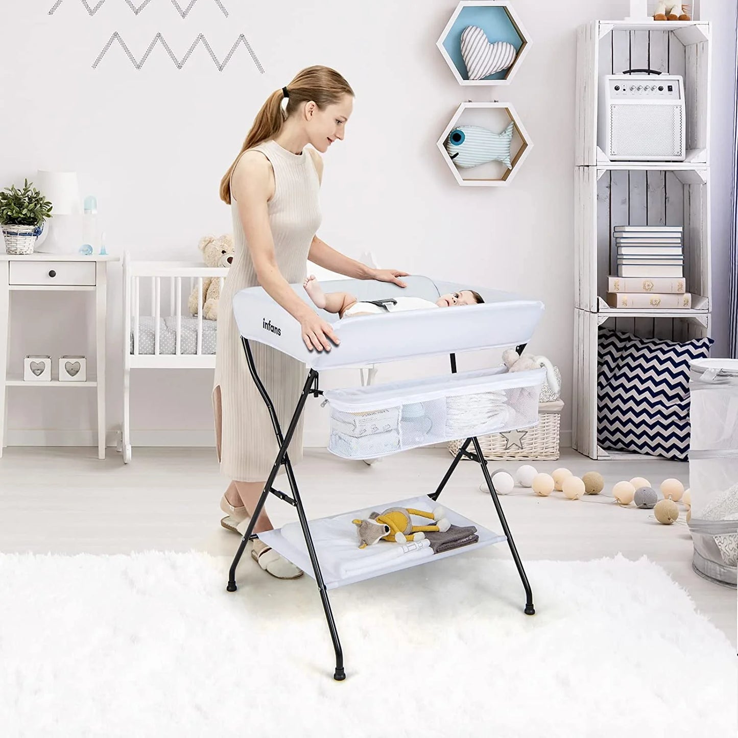 Baby Changing Table, Folding Diaper Station Portable Nursery Organizer with Safety Belt and Large Storage Racks for Newborn Baby and Infant (White)