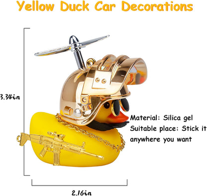 Rubber Duck Car Ornaments Cool Yellow Duck Car Dashboard Decorations Squeaky Glasses Duck with Propeller Helmet for Car Ccessories Dashboard (Y-Gold)