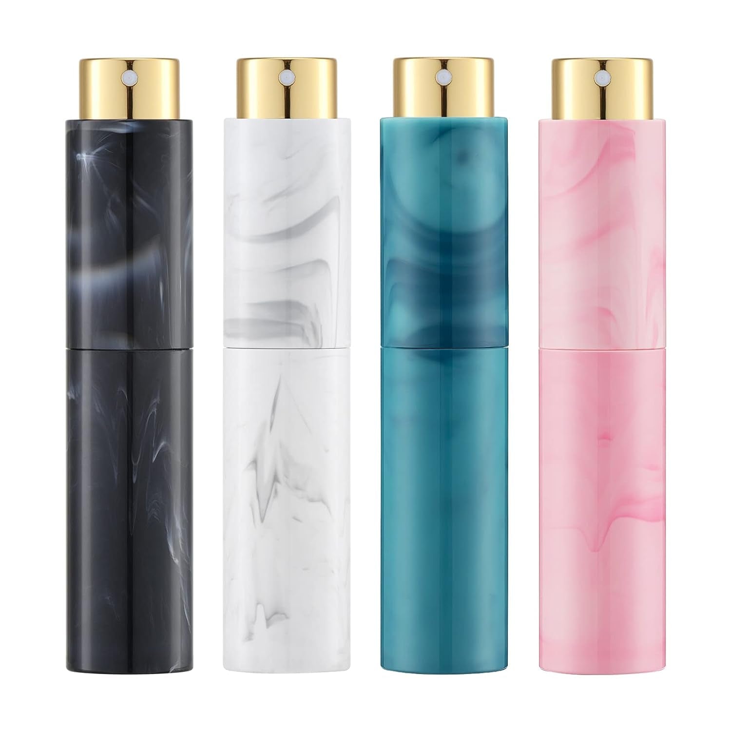 10ML Perfume Atomizer Travel (4 PCS), Refillable Cologne Containers, Dispenser Spray Empty Bottle for Mini Sprayer Size (Black&Pink&White&Blue, Marble)