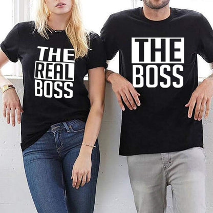 Matching Couple T-Shirts - His & Her - the Boss & the Real Boss -Letter Print - Short Sleeve - T-Shirt