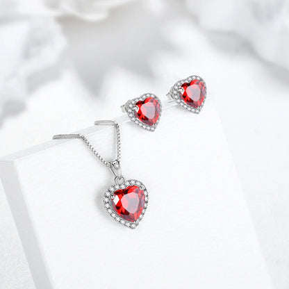 Red Heart Women Jewelry Sets Garnet January Birthstone Jewelry Set Necklace Earrings 925 Sterling Silver Pendant Mother Birthday Christmas Valentines Gifts Idea