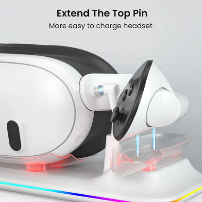 VR Charging Dock for Meta Quest 3, Fast Charging Station with Colorful RGB Light for Oculus Quest 3, Magnetic Charging Stand for VR Headset and Touch Controllers with 2 Rechargeable Batteries, White