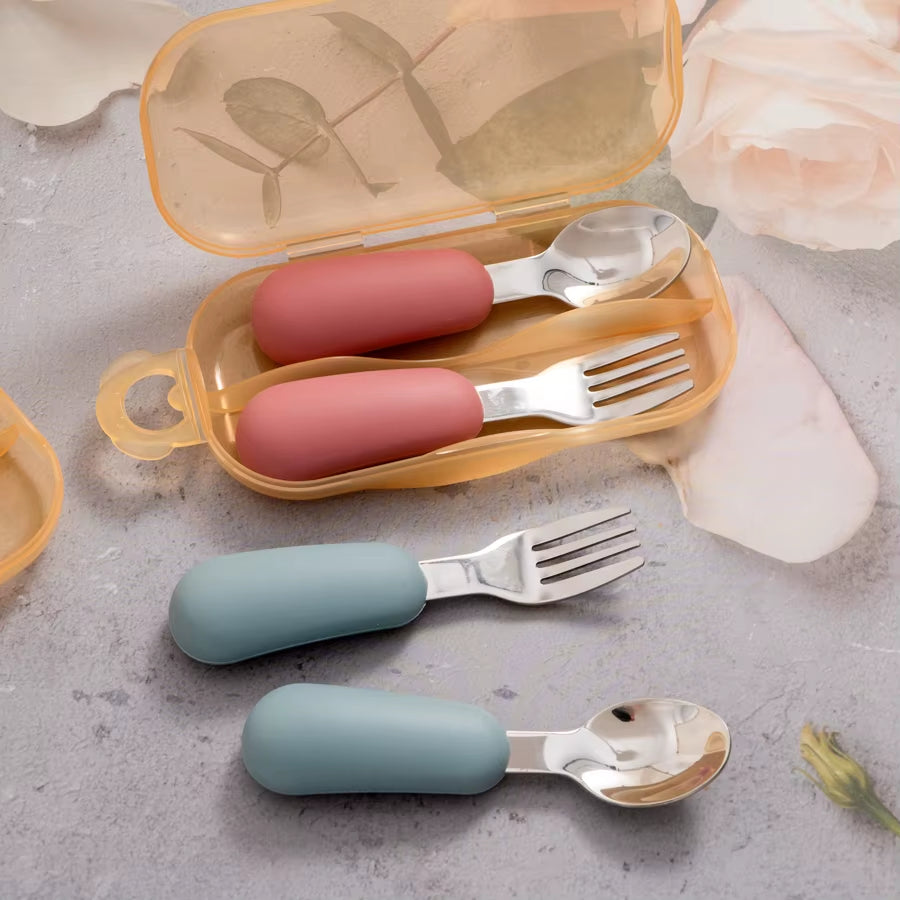 2PCS Baby Silicone Stainless Steel Fork Spoon Portable Baby Tableware Feeding Training Baby Utensils Solid Color Baby Stuff