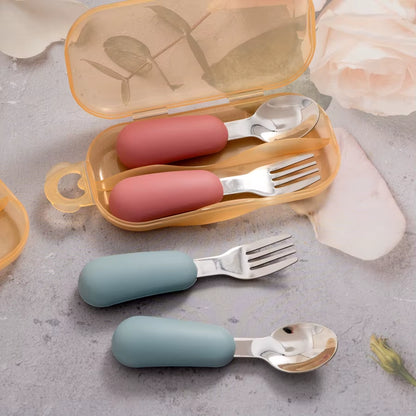 2PCS Baby Silicone Stainless Steel Fork Spoon Portable Baby Tableware Feeding Training Baby Utensils Solid Color Baby Stuff