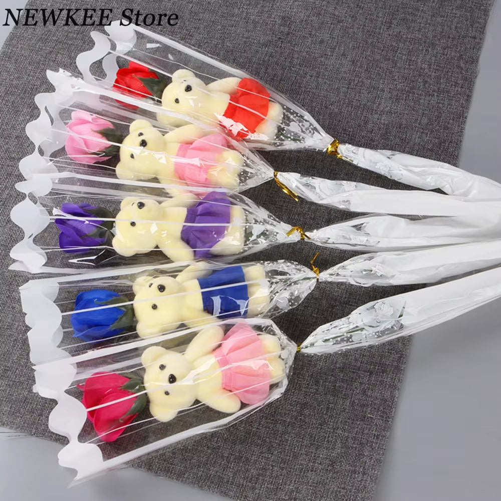 Romantic Artificial Soap Roses with Lovely Teddy Bear Birthday Gift Flowers Bouquet Scented Christmas Valentines Day Gift