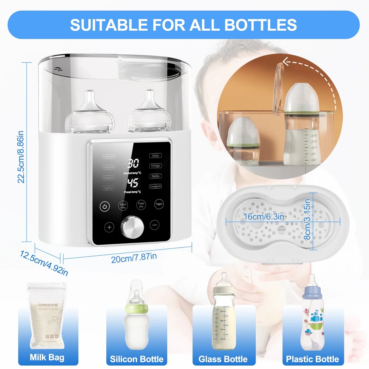 Baby Bottle Warmer, 12 in 1 Babies Fast Milk Warmer & Sterilizer Double Food Heater & Defrost Bpa-Free with LCD Display, Timer & 24H Temperature Control for Breastmilk & Formula