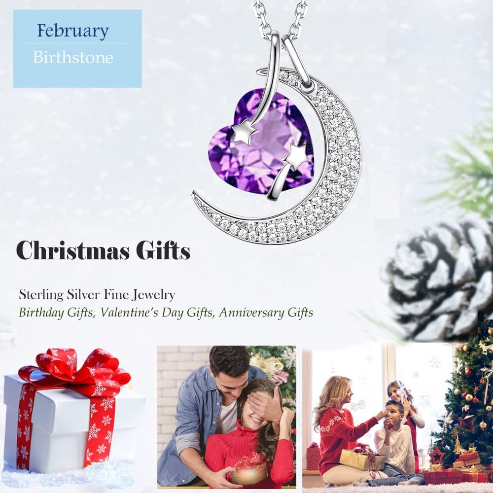 I Love You to the Moon and Back Half Moon Necklace Christmas Jewelry Birthday Gifts Mom Wife December January February Birthstones Blue Topaz Garnet Amethyst and More Stones 925 Sterling Silver