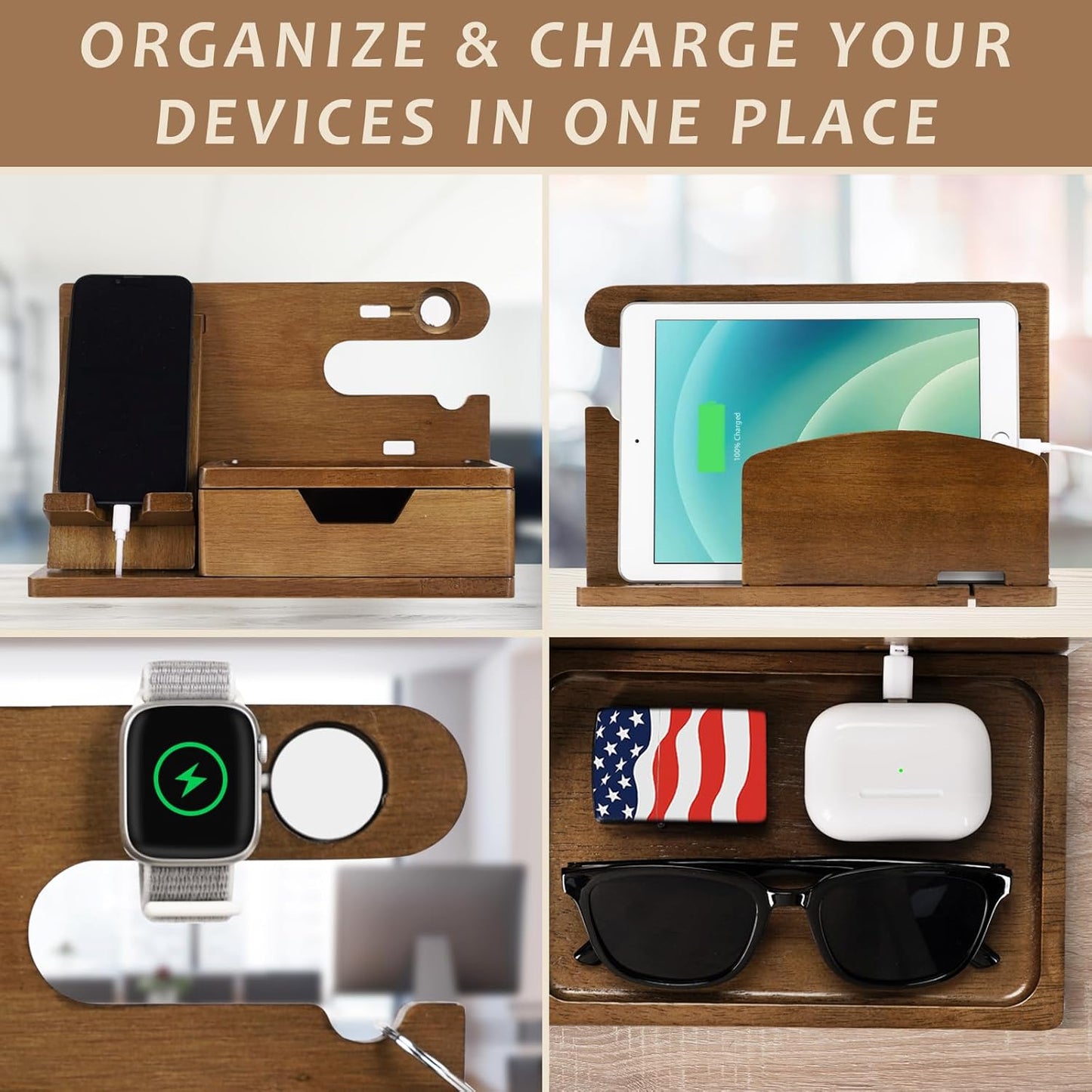 Gifts for Men Him Husband Dad, Wood Phone Docking Station with Drawer, Christmas Xmas Birthday Anniversary Men Him Husband Boyfriend Gifts from Girlfriend, Mens Nightstand Organizer Presents Ideas